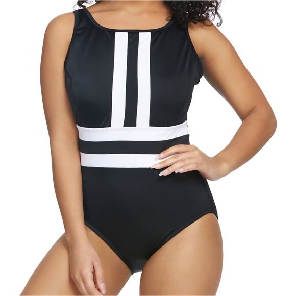 Longitude Black White Colorblock High Neck Long Torso One Piece Swimsuit - Picture 1 of 11